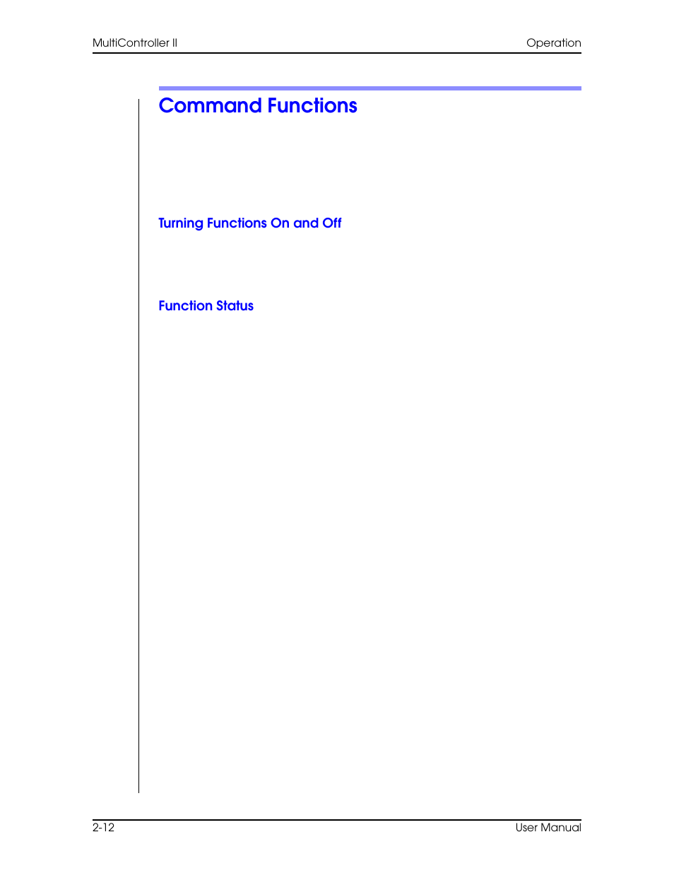 Command functions, Turning functions on and off, Function status | Command functions –12 | Vinten Radamec AutoCam Multicontroller II User Manual | Page 34 / 62