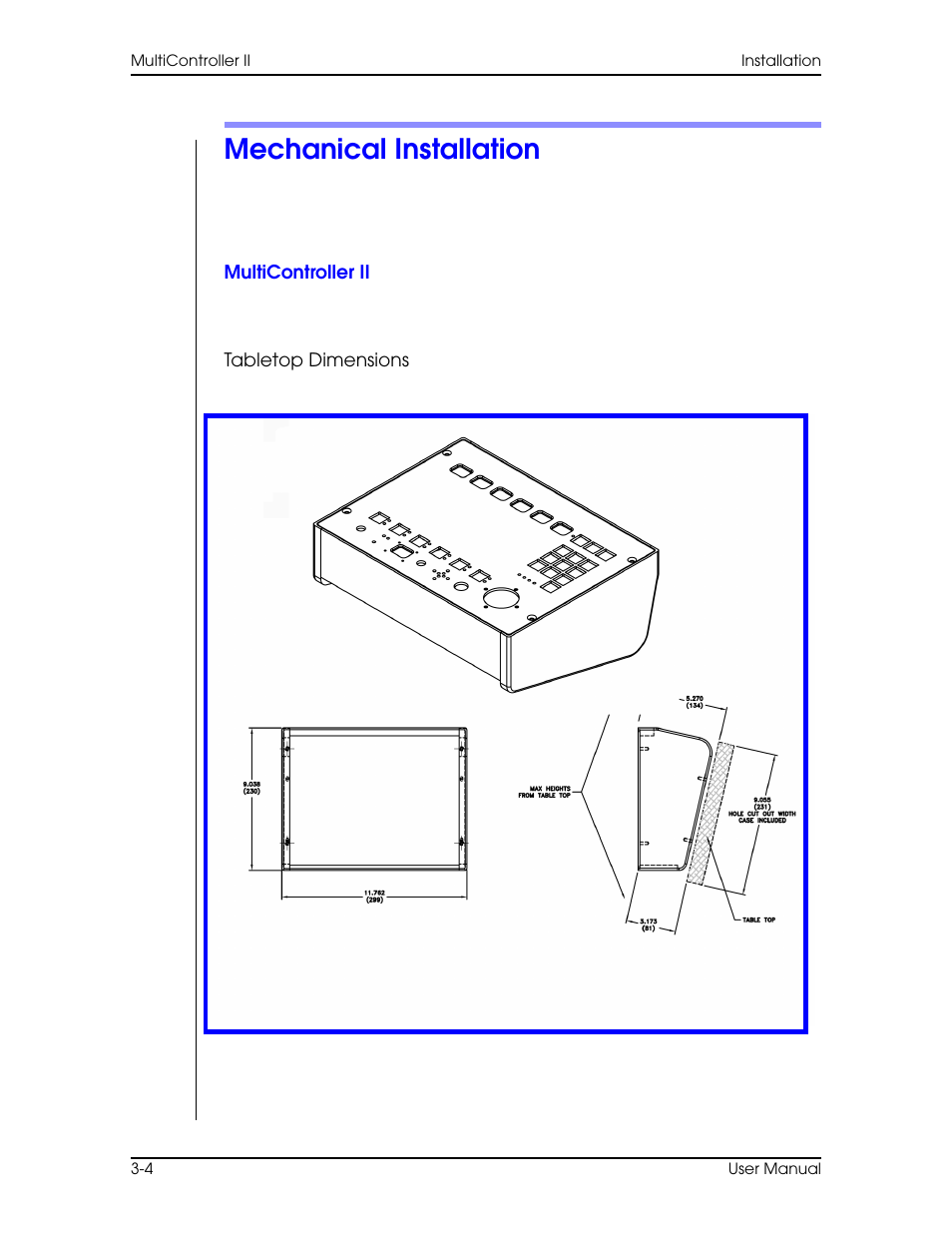 Mechanical installation, Multicontroller ii, Tabletop dimensions | Mechanical installation –4, Multicontroller ii –4 | Vinten Radamec AutoCam Multicontroller II User Manual | Page 38 / 62