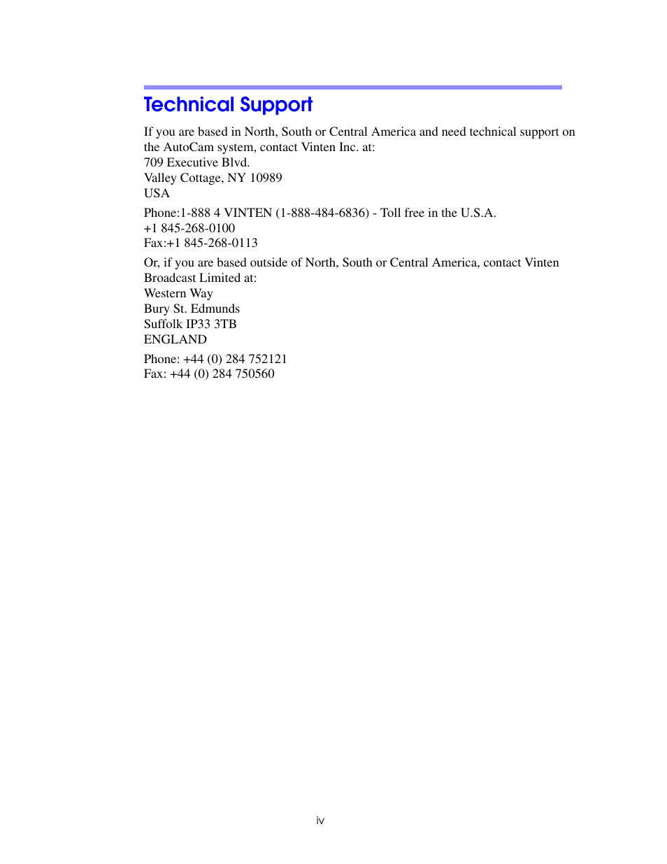 Technical support | Vinten Radamec AutoCam Multicontroller II User Manual | Page 4 / 62