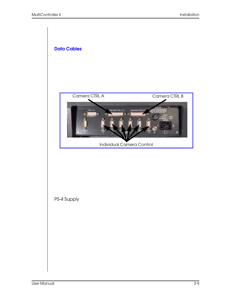 Data cables, Ps-4 supply, Data cables –9 | Vinten Radamec AutoCam Multicontroller II User Manual | Page 43 / 62