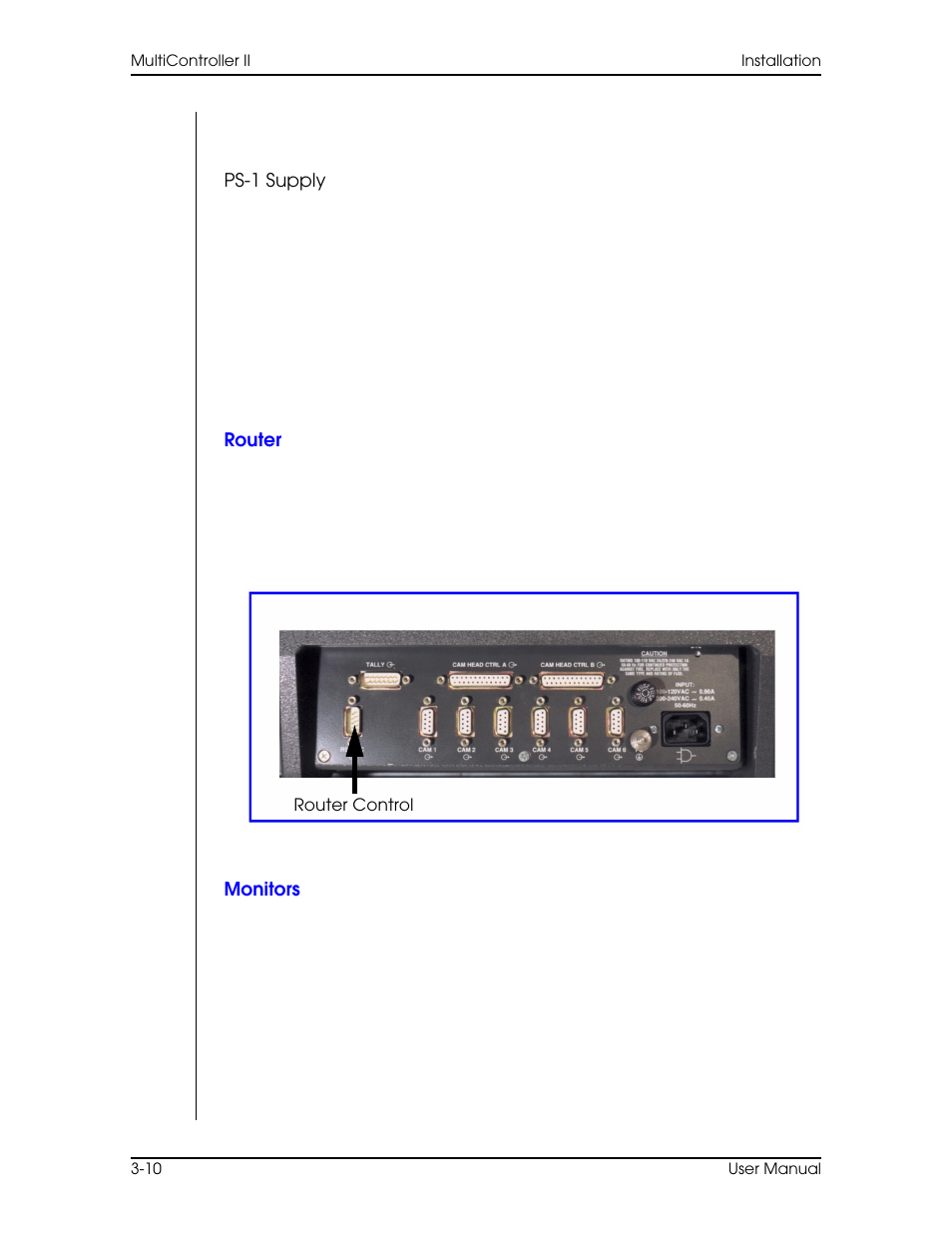 Ps-1 supply, Router, Monitors | Monitors –10 | Vinten Radamec AutoCam Multicontroller II User Manual | Page 44 / 62
