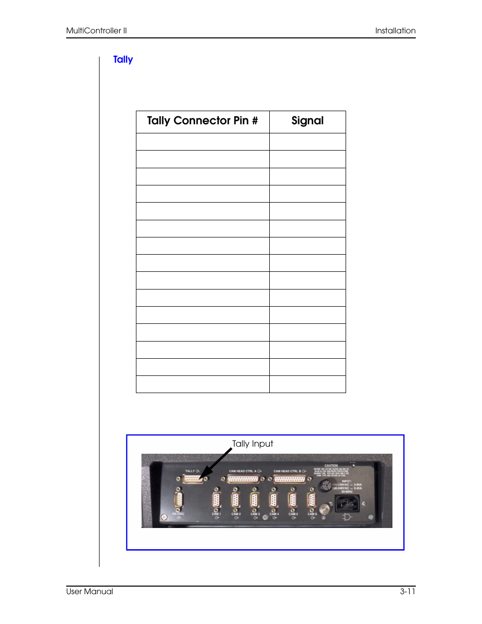 Tally, Tally –11 | Vinten Radamec AutoCam Multicontroller II User Manual | Page 45 / 62