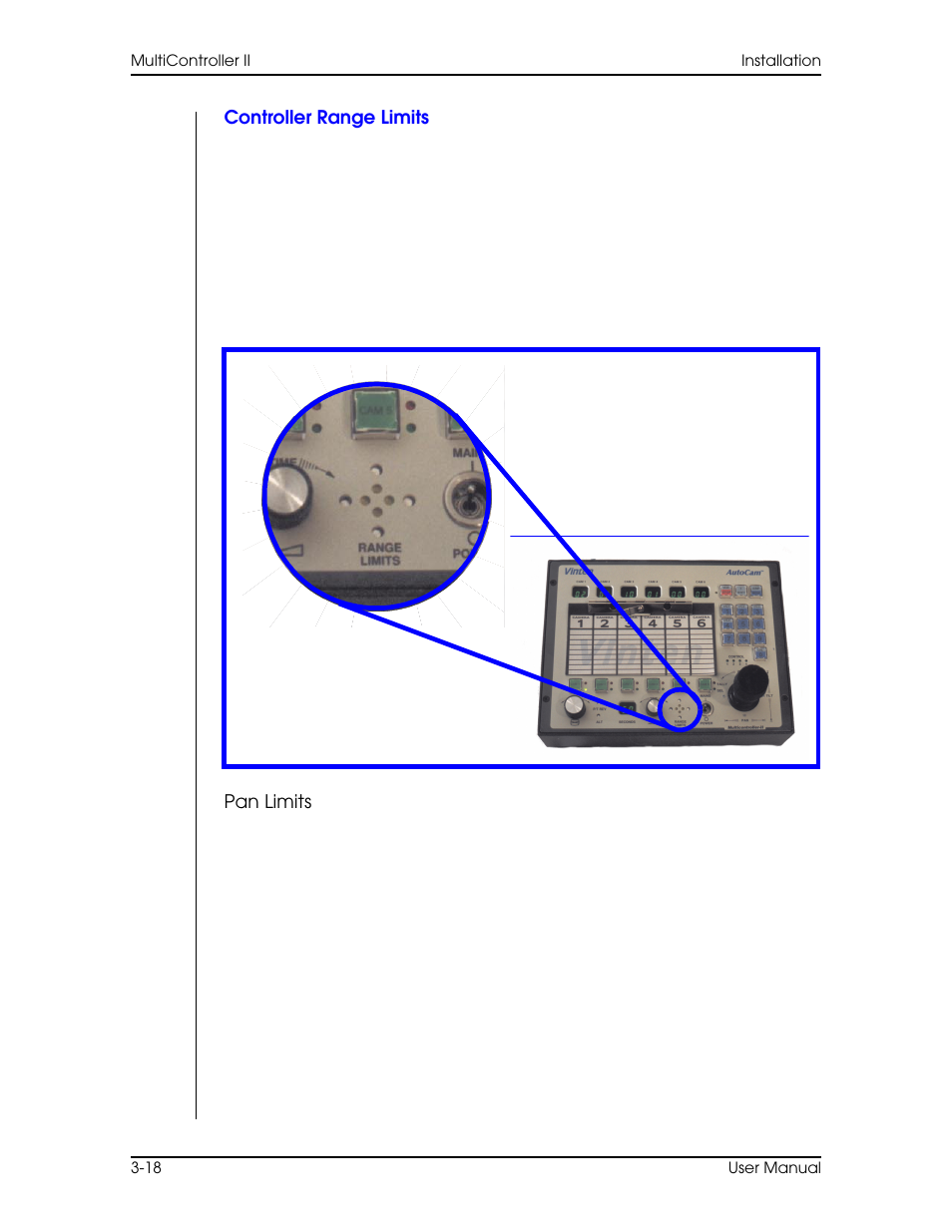 Controller range limits, Pan limits, Controller range limits –18 | Limits 3–18 | Vinten Radamec AutoCam Multicontroller II User Manual | Page 52 / 62