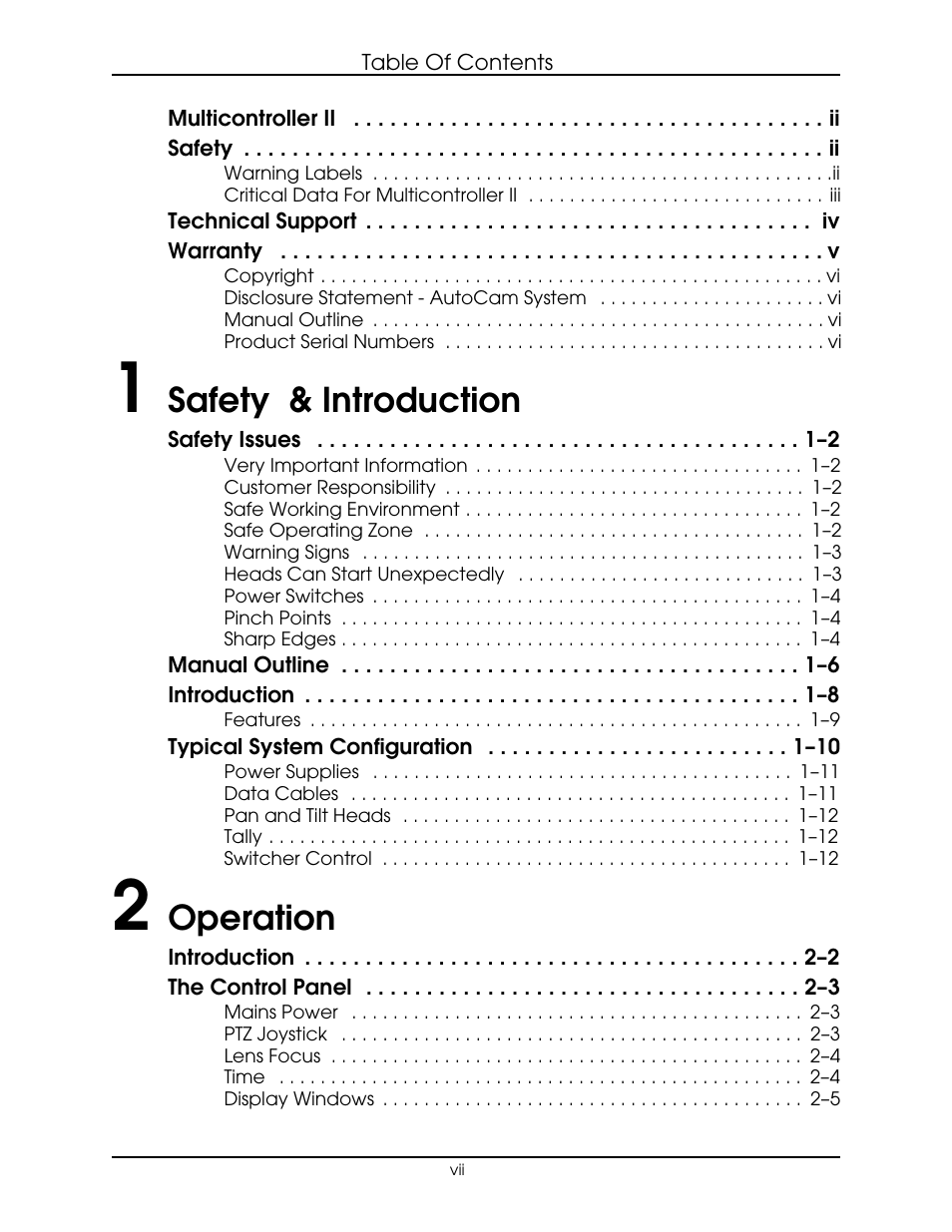 Safety & introduction, Operation | Vinten Radamec AutoCam Multicontroller II User Manual | Page 7 / 62