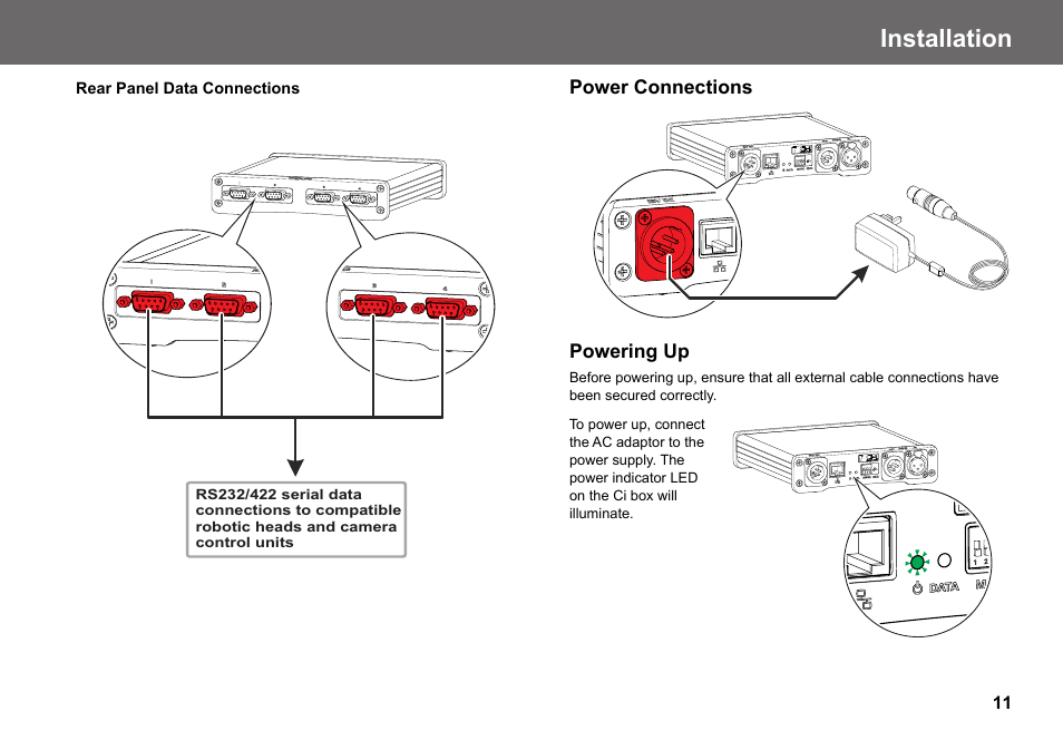 Rear panel data connections, Power connections powering up, Installation | Vinten Radamec Ci Box ICE Interface User Manual | Page 13 / 20