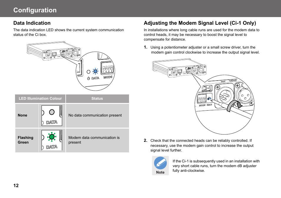 Data indication, Configuration, Adjusting the modem signal level (ci-1 only) | Vinten Radamec Ci Box ICE Interface User Manual | Page 14 / 20