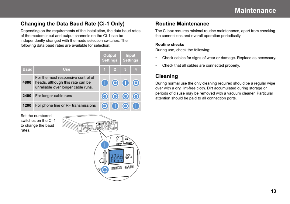 Changing the data baud rate (ci-1 only), Maintenance, Routine maintenance | Cleaning | Vinten Radamec Ci Box ICE Interface User Manual | Page 15 / 20