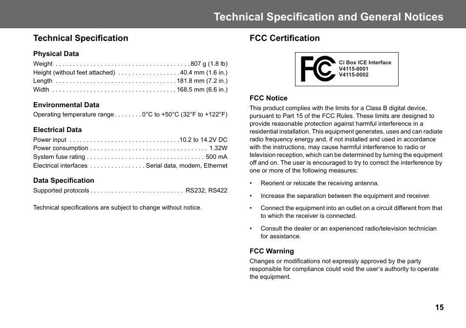 Technical specification and general notices, Technical specification, Fcc certification | Vinten Radamec Ci Box ICE Interface User Manual | Page 17 / 20