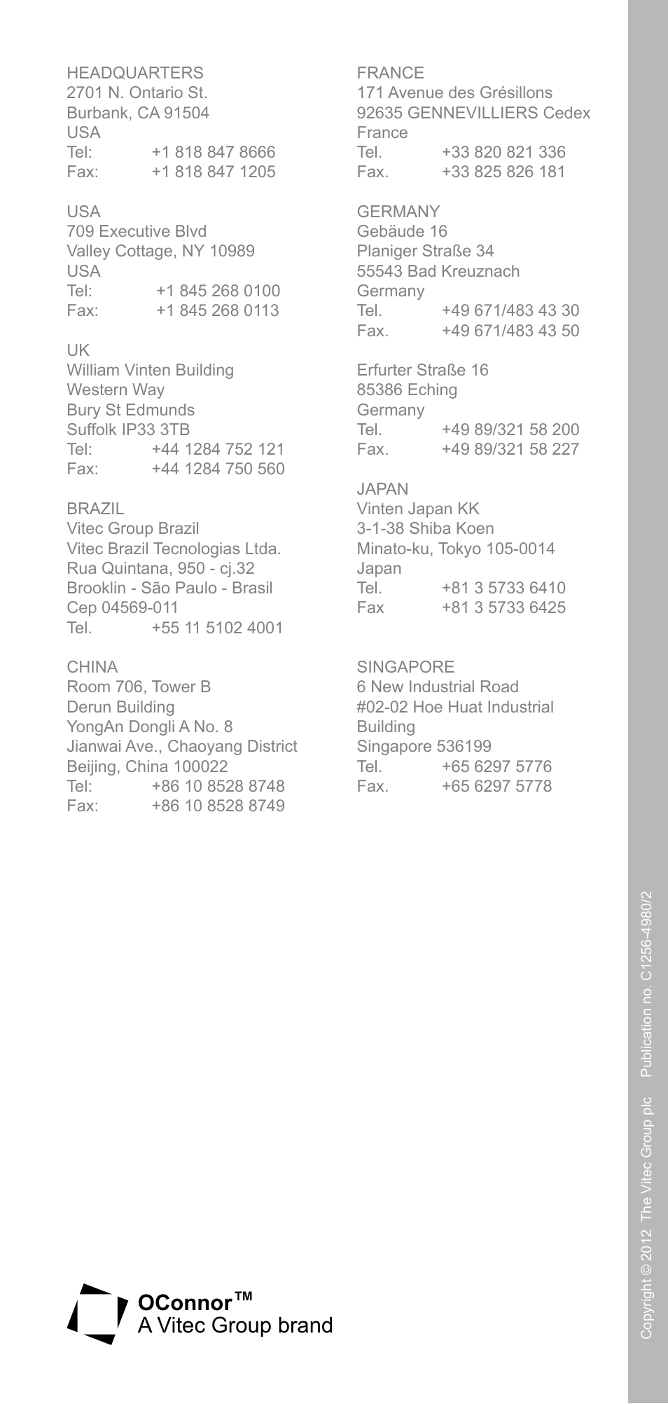Oconnor™ a vitec group brand | Vinten Radamec e-Series Interface User Manual | Page 7 / 7