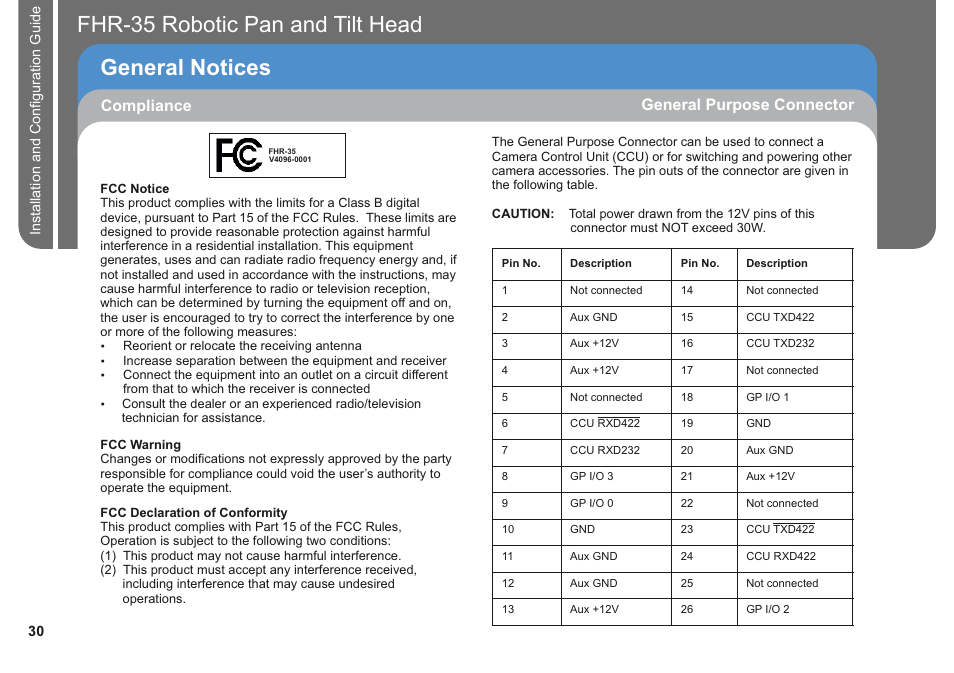 Fhr-35 pan and tilt head robotic general notices, Compliance, General purpose connector | Vinten Radamec FHR-35 User Manual | Page 32 / 36