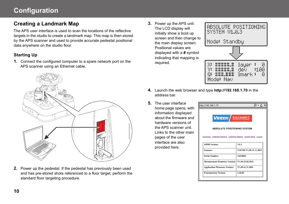 Creating a landmark map, Starting up, Configuration | Vinten Radamec Fusion APS User Manual | Page 12 / 28