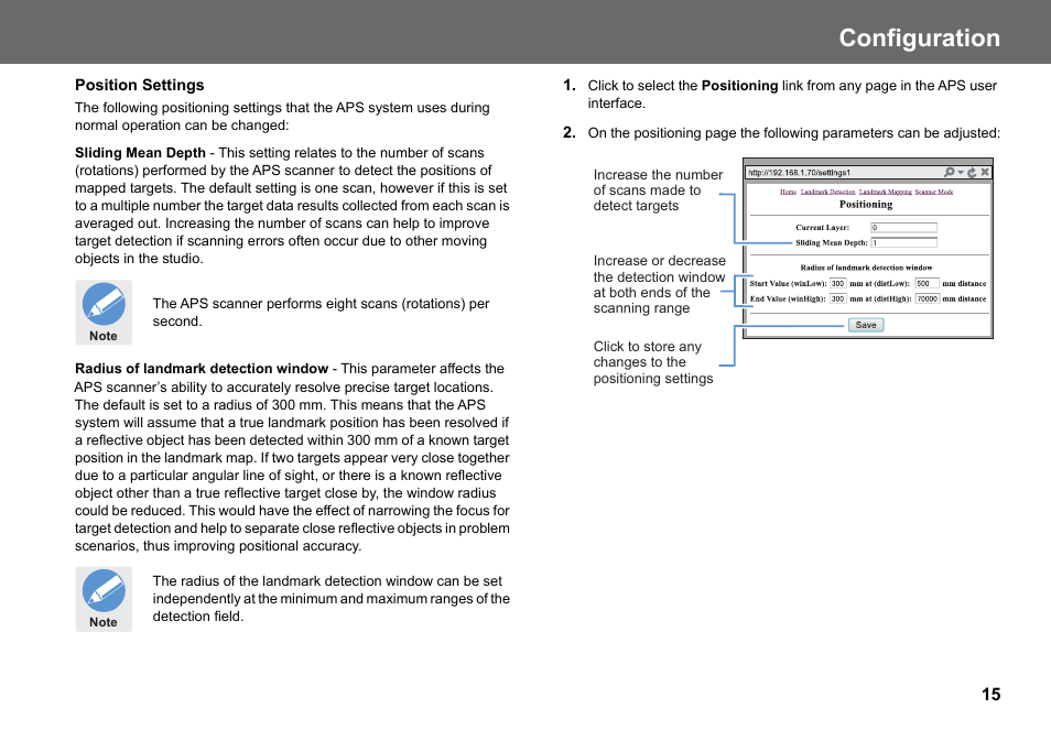 Position settings, Configuration | Vinten Radamec Fusion APS User Manual | Page 17 / 28