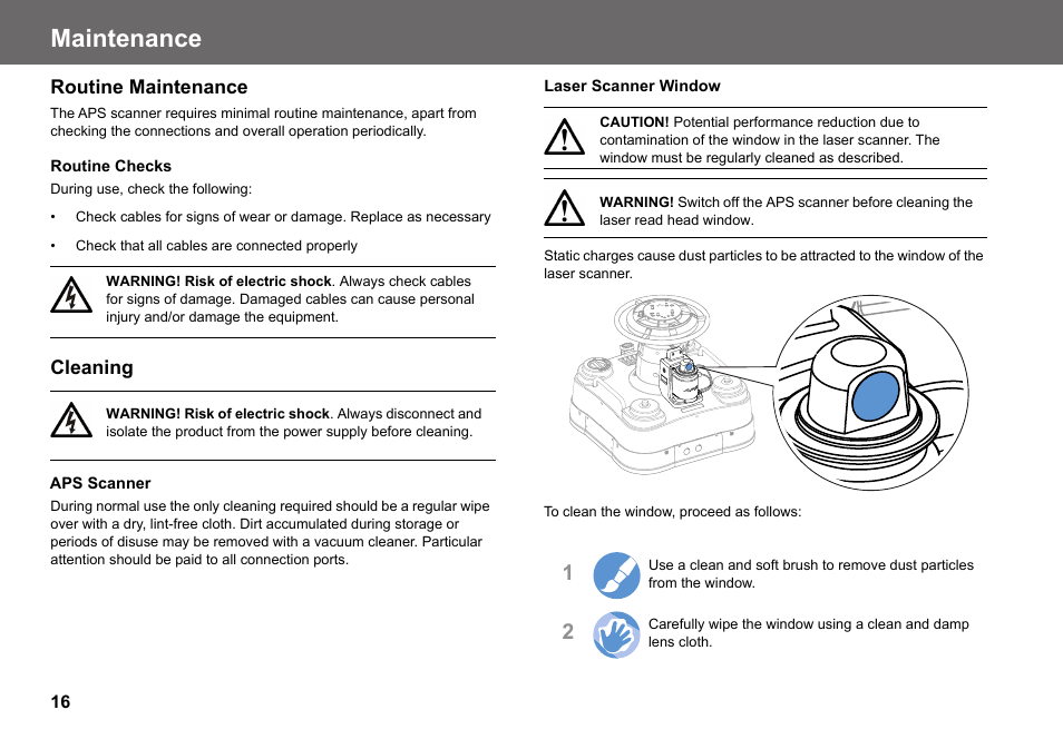 Maintenance, Routine maintenance, Cleaning | Vinten Radamec Fusion APS User Manual | Page 18 / 28