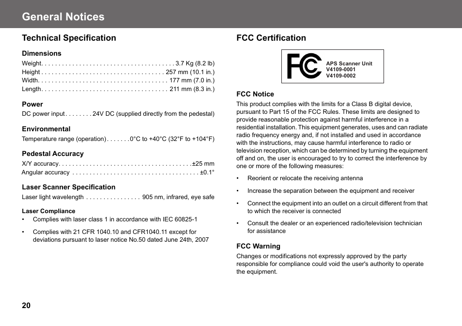 General notices, Technical specification, Fcc certification | Vinten Radamec Fusion APS User Manual | Page 22 / 28