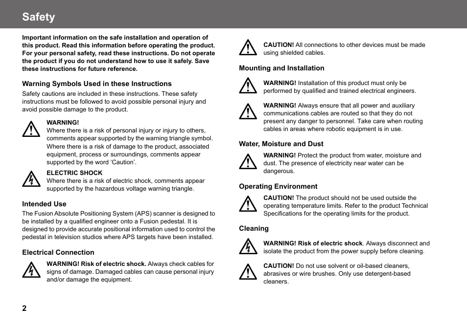 Safety | Vinten Radamec Fusion APS User Manual | Page 4 / 28