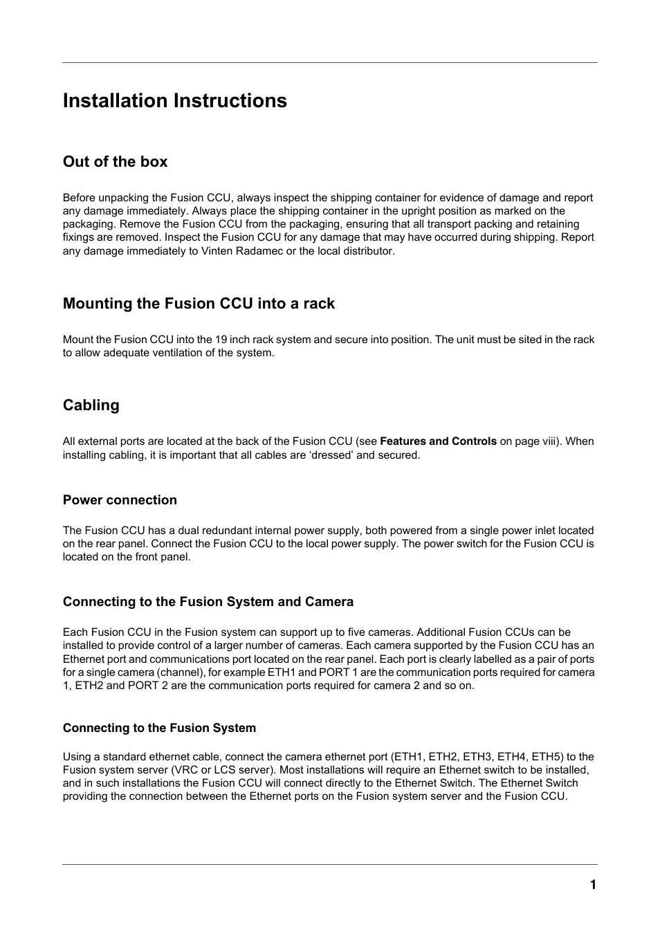 Out of the box, Mounting the fusion ccu into a rack, Cabling | Installation instructions | Vinten Radamec Fusion Camera Control Unit (CCU) User Manual | Page 12 / 20