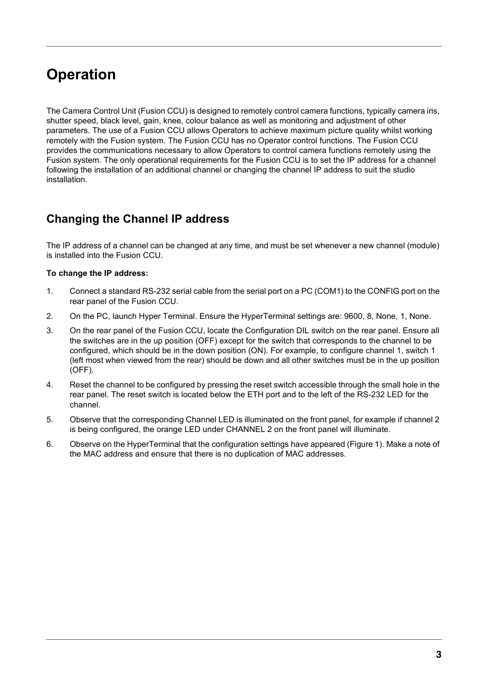 Changing the channel ip address, Operation | Vinten Radamec Fusion Camera Control Unit (CCU) User Manual | Page 14 / 20