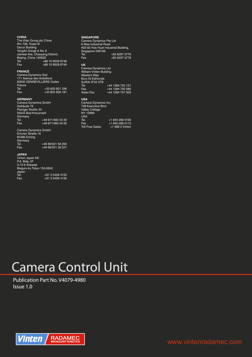 Camera control unit, Vinten, Radamec | Vinten Radamec Fusion Camera Control Unit (CCU) User Manual | Page 20 / 20