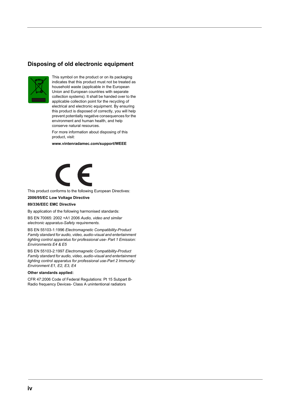 Iv disposing of old electronic equipment | Vinten Radamec Fusion Camera Control Unit (CCU) User Manual | Page 7 / 20