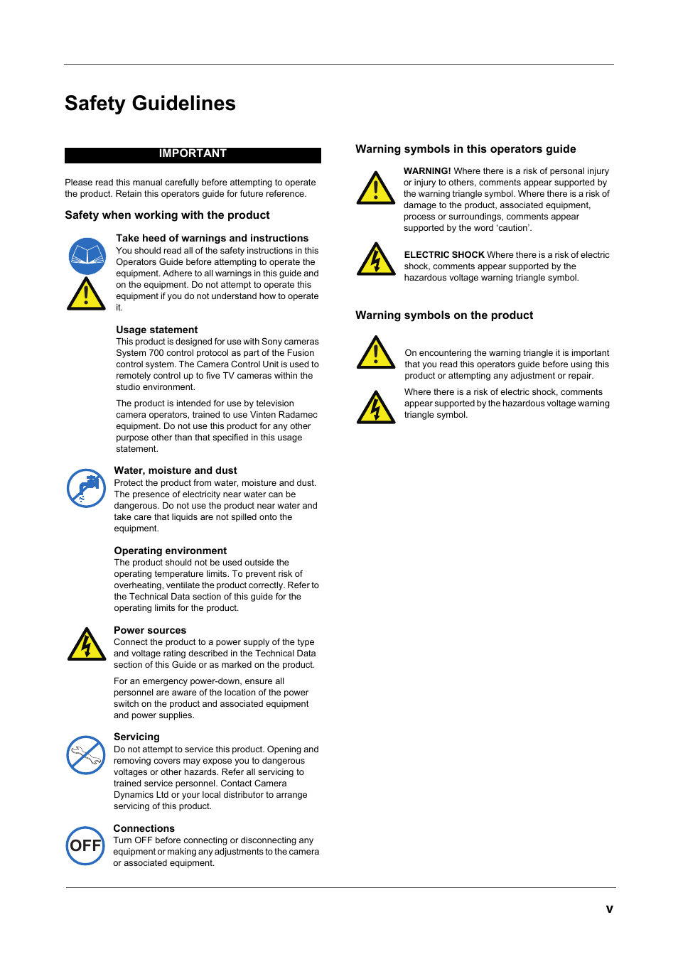 Safety guidelines | Vinten Radamec Fusion Camera Control Unit (CCU) User Manual | Page 8 / 20