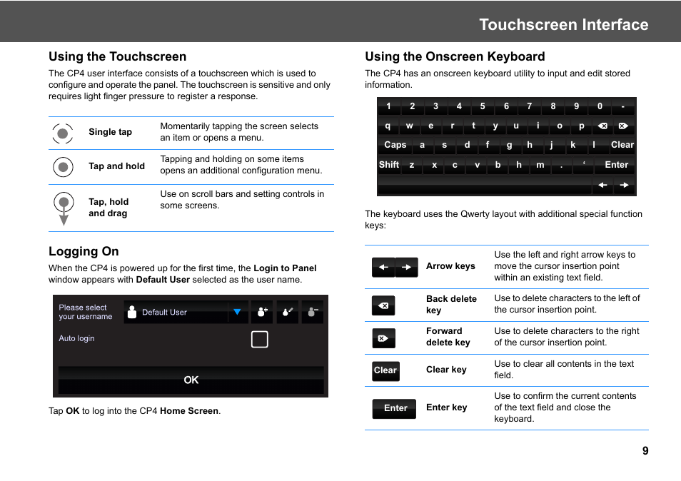 Touchscreen interface, Using the touchscreen, Logging on | Using the onscreen keyboard | Vinten Radamec Fusion CP4 User Manual | Page 11 / 36