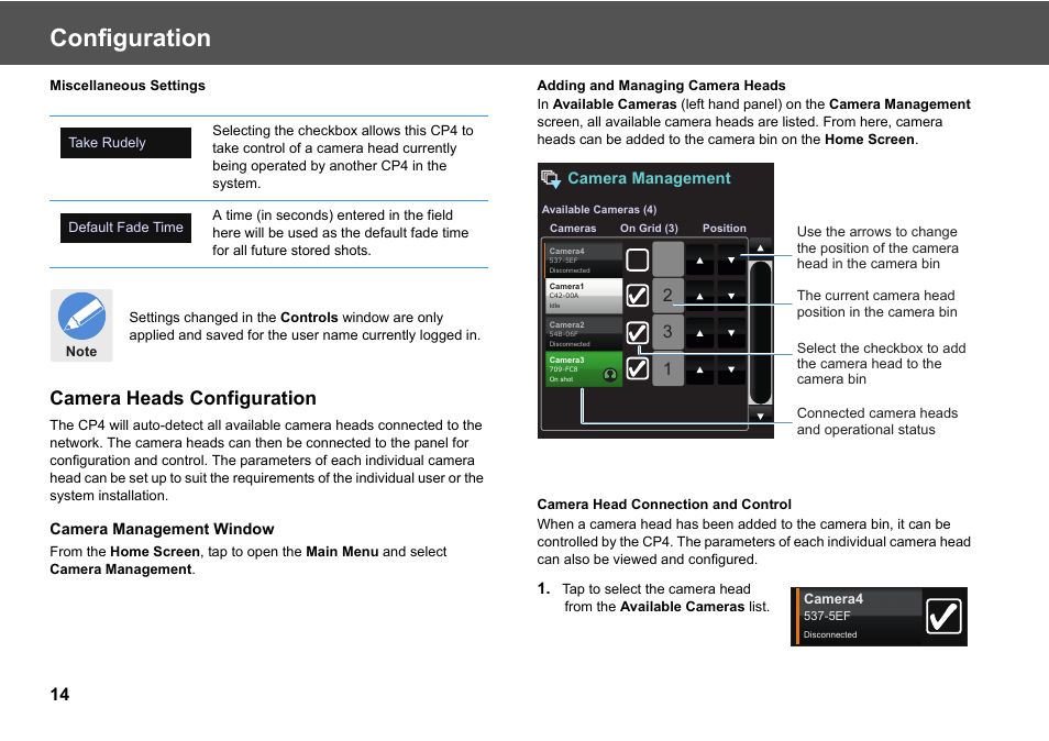 Camera heads configuration, Configuration | Vinten Radamec Fusion CP4 User Manual | Page 16 / 36