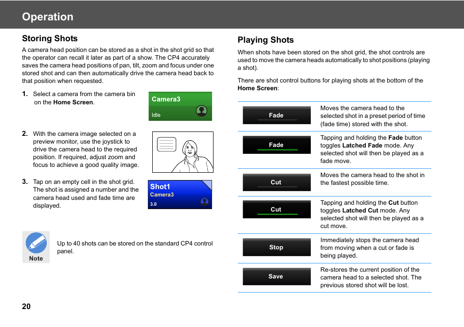 Storing shots playing shots, Operation, Storing shots | Playing shots | Vinten Radamec Fusion CP4 User Manual | Page 22 / 36