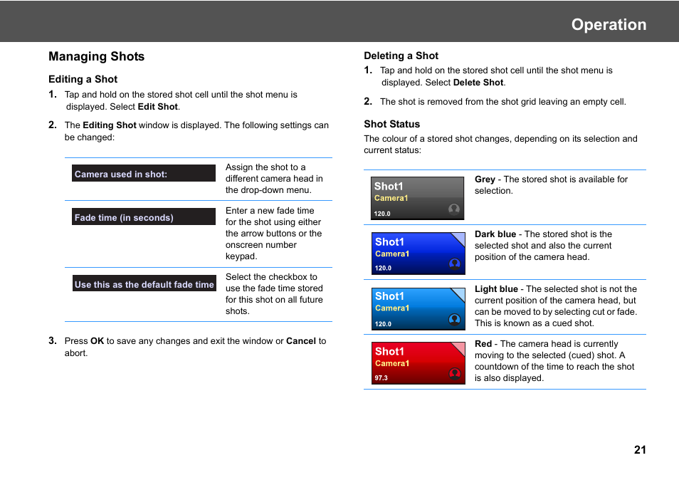 Managing shots, Operation | Vinten Radamec Fusion CP4 User Manual | Page 23 / 36