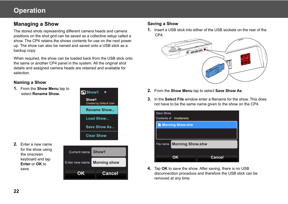 Managing a show, Operation | Vinten Radamec Fusion CP4 User Manual | Page 24 / 36