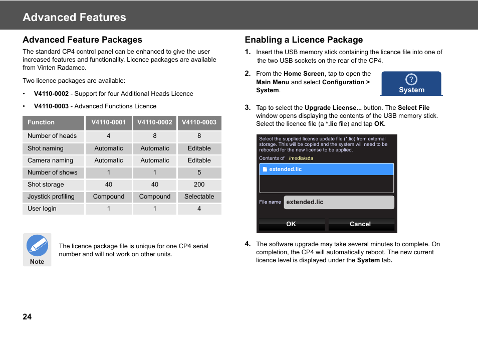 Advanced features, Advanced feature packages, Enabling a licence package | Vinten Radamec Fusion CP4 User Manual | Page 26 / 36