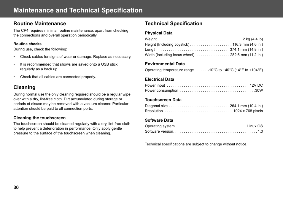 Maintenance and technical specification, Routine maintenance, Cleaning | Technical specification | Vinten Radamec Fusion CP4 User Manual | Page 32 / 36