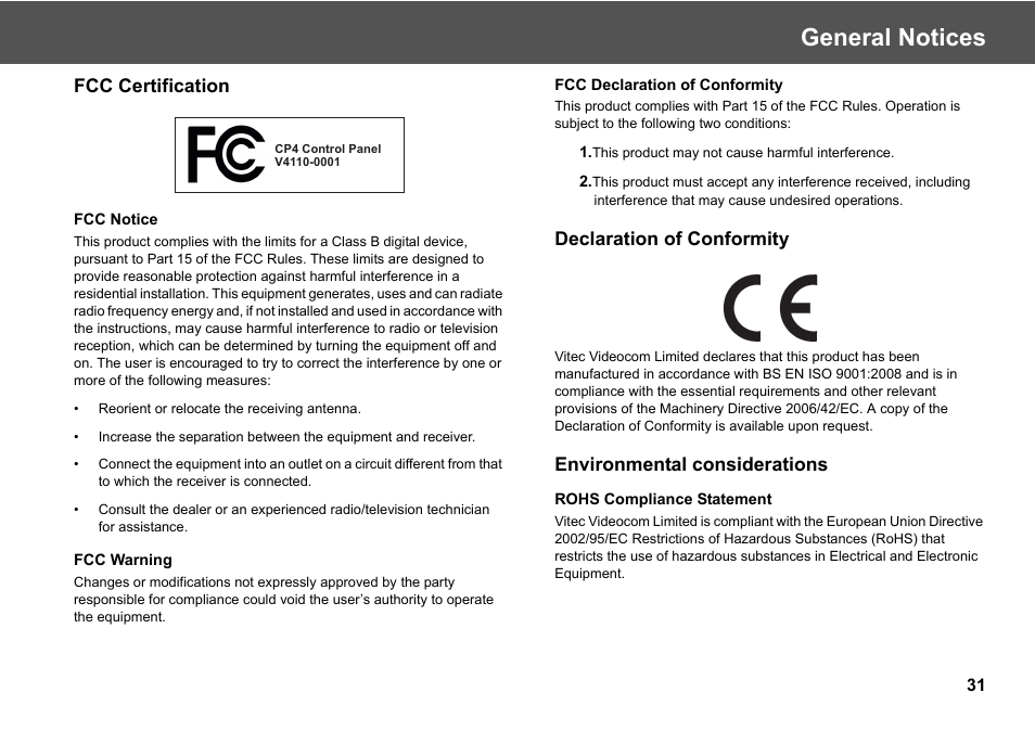 General notices, Fcc certification, Declaration of conformity | Environmental considerations | Vinten Radamec Fusion CP4 User Manual | Page 33 / 36