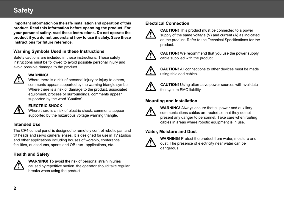 Safety | Vinten Radamec Fusion CP4 User Manual | Page 4 / 36