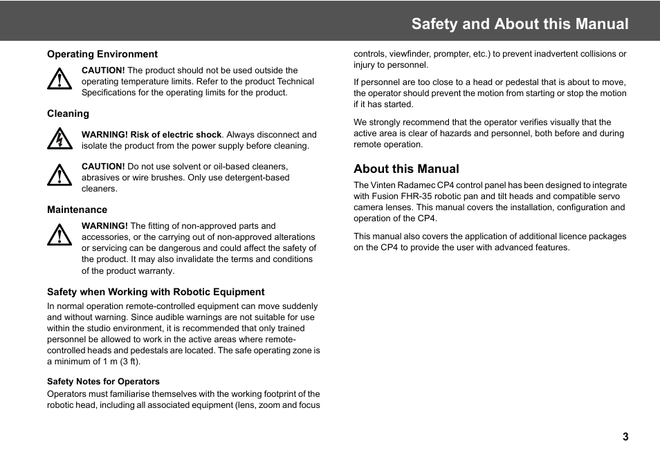 About this manual, Safety and about this manual | Vinten Radamec Fusion CP4 User Manual | Page 5 / 36