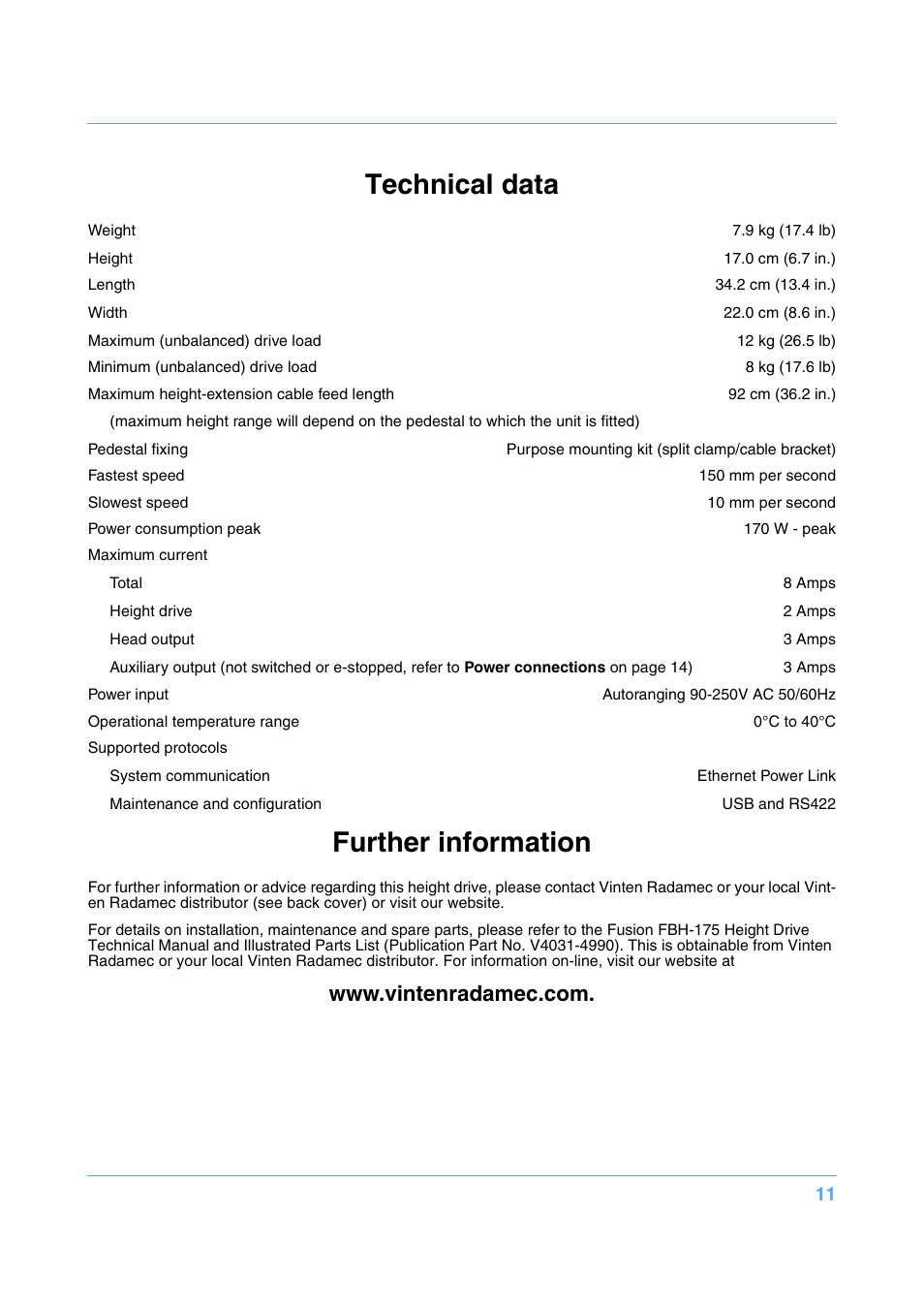 Technical data, Further information | Vinten Radamec Fusion FBH-175 User Manual | Page 12 / 24