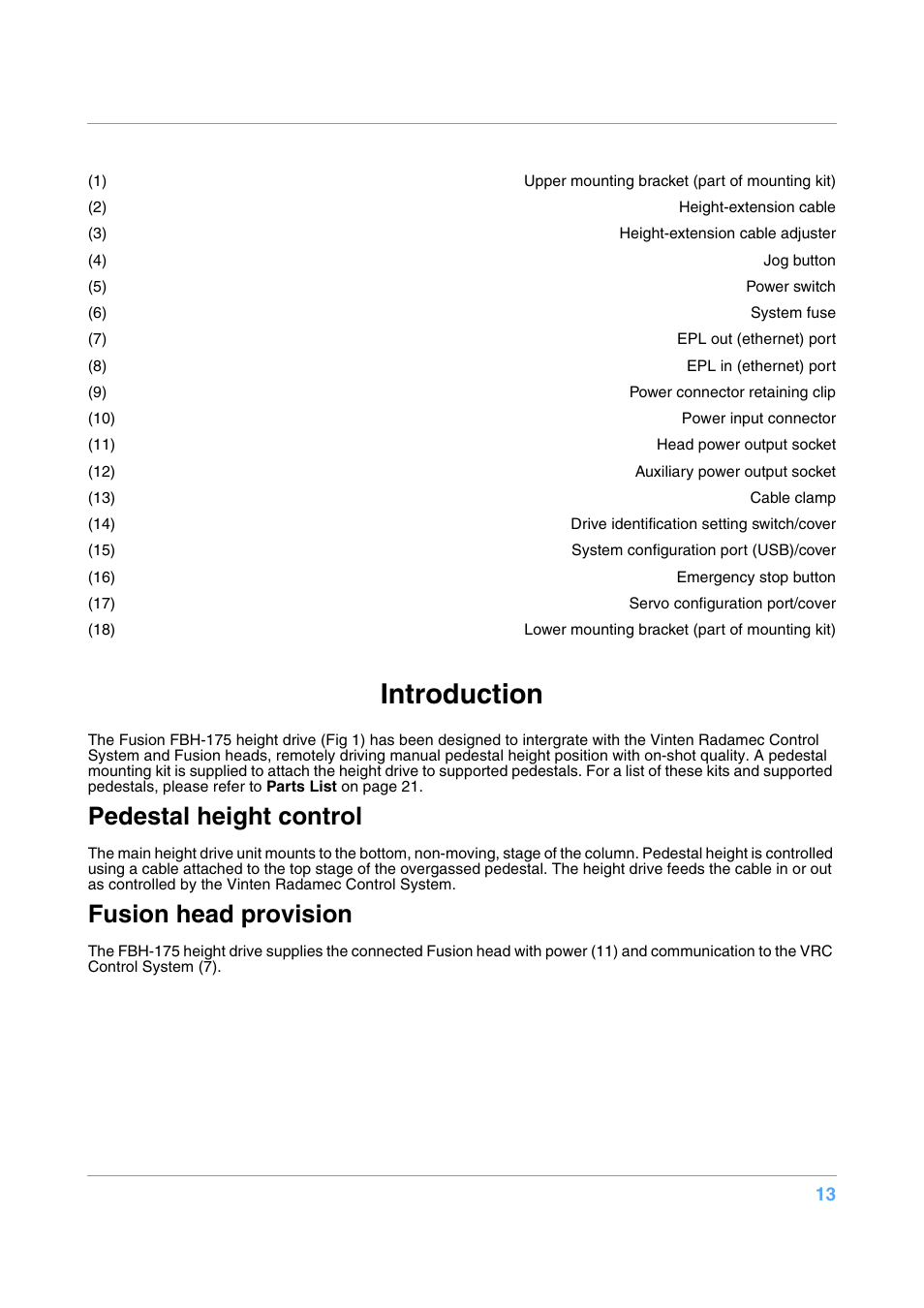 Introduction, Pedestal height control, Fusion head provision | Vinten Radamec Fusion FBH-175 User Manual | Page 14 / 24