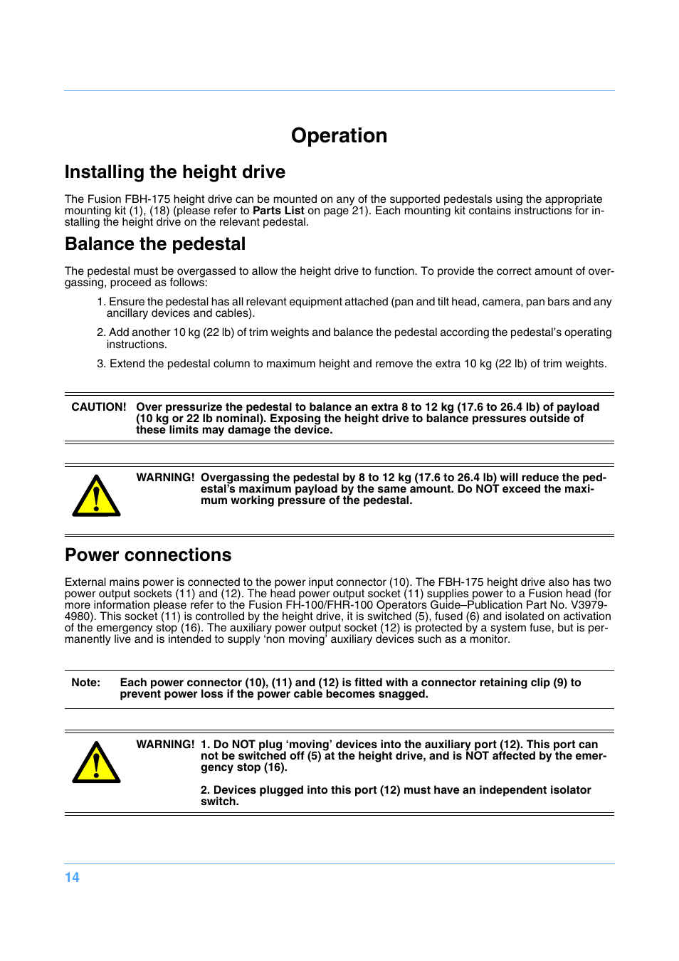 Operation, Installing the height drive, Balance the pedestal | Power connections | Vinten Radamec Fusion FBH-175 User Manual | Page 15 / 24