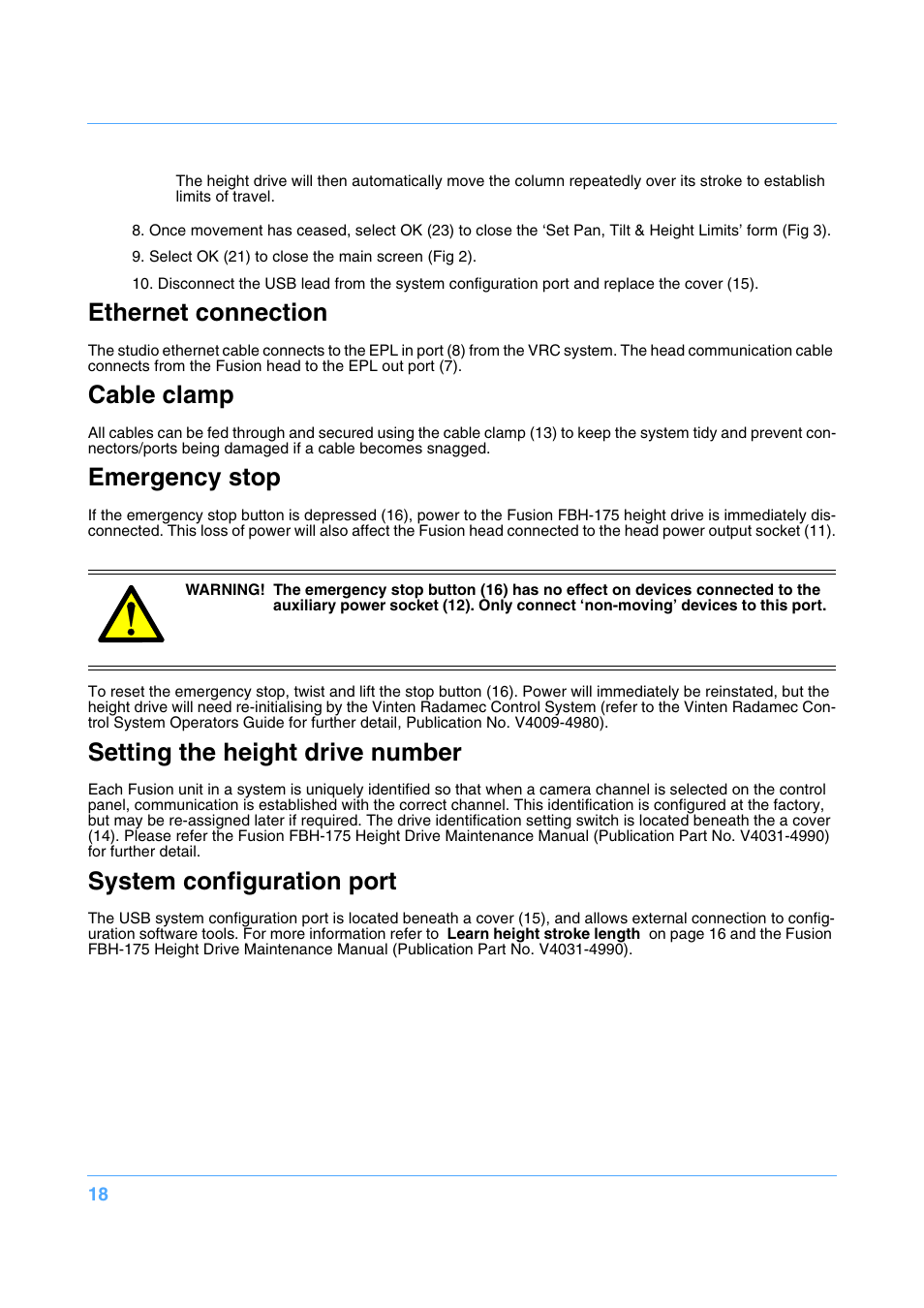 Ethernet connection, Cable clamp, Emergency stop | Setting the height drive number, System configuration port | Vinten Radamec Fusion FBH-175 User Manual | Page 19 / 24