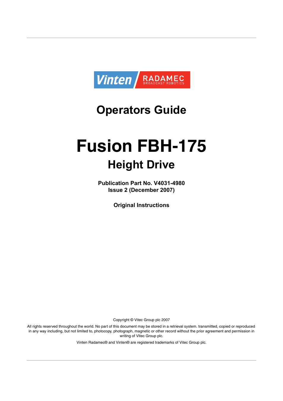 Fusion fbh-175, Operators guide, Height drive | Vinten Radamec Fusion FBH-175 User Manual | Page 2 / 24