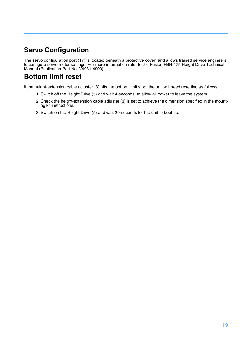 Servo configuration, Bottom limit reset | Vinten Radamec Fusion FBH-175 User Manual | Page 20 / 24