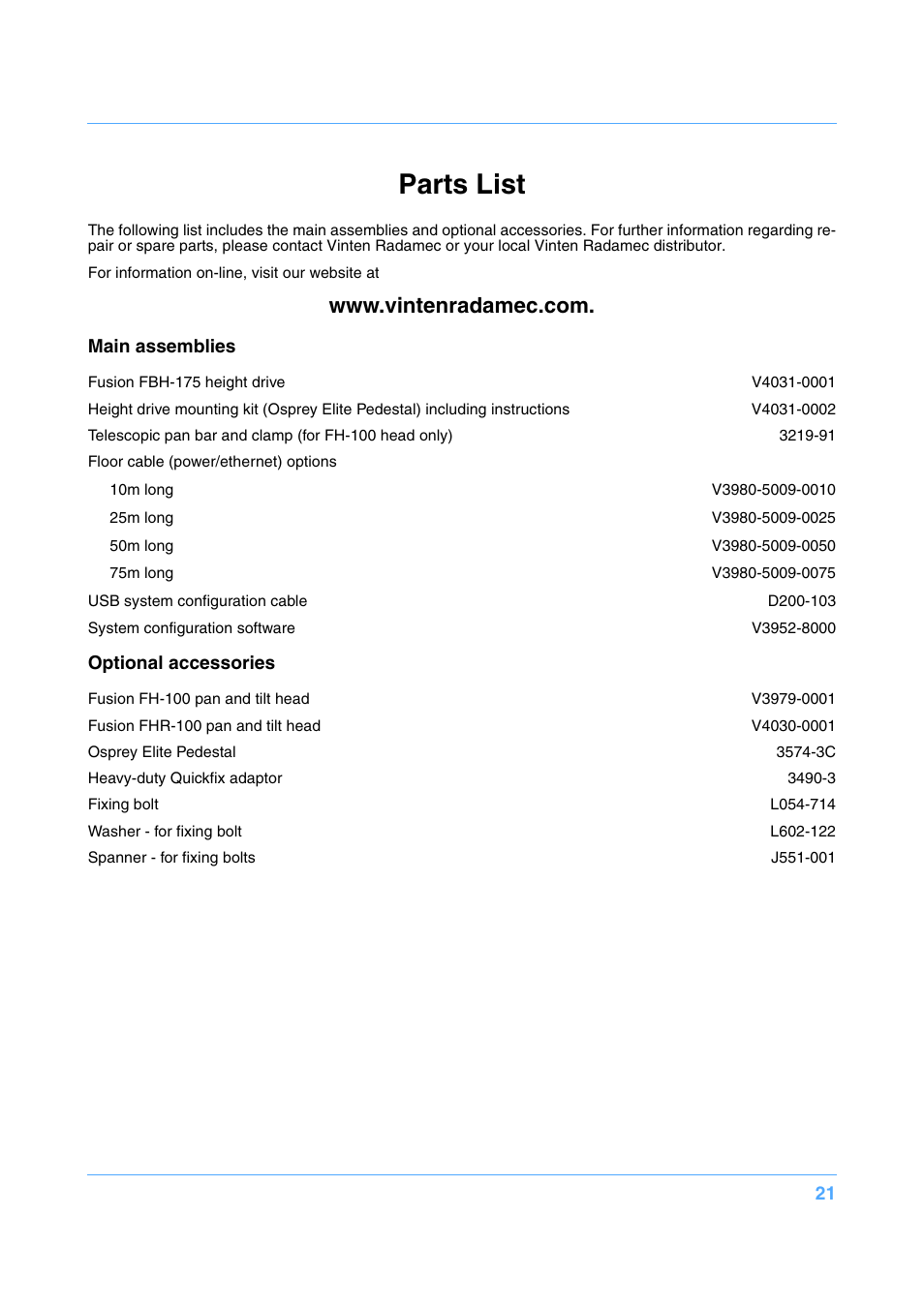 Parts list | Vinten Radamec Fusion FBH-175 User Manual | Page 22 / 24