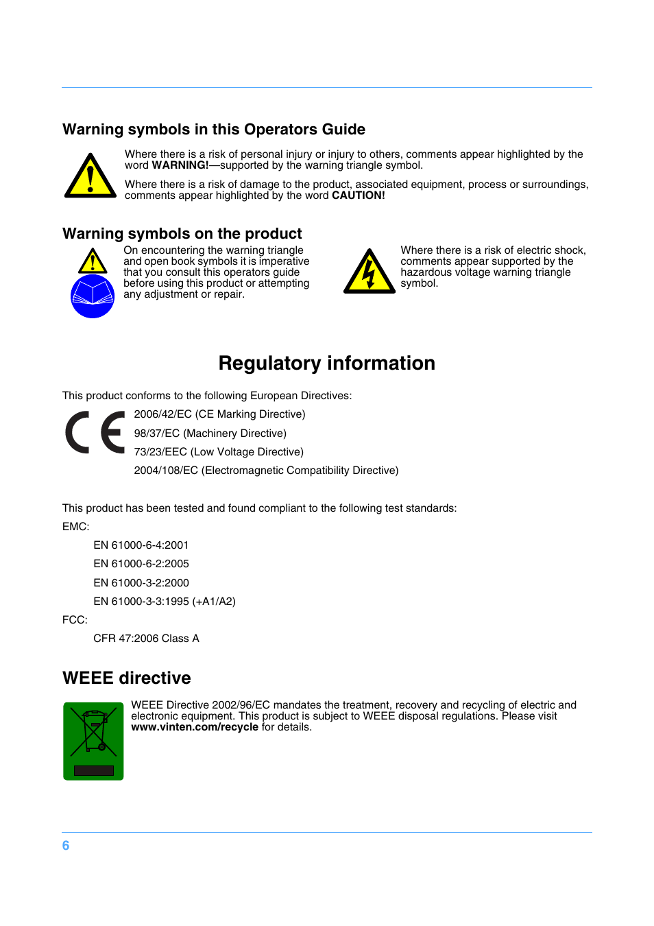 Regulatory information, Weee directive, Warning symbols in this operators guide | Warning symbols on the product | Vinten Radamec Fusion FBH-175 User Manual | Page 7 / 24