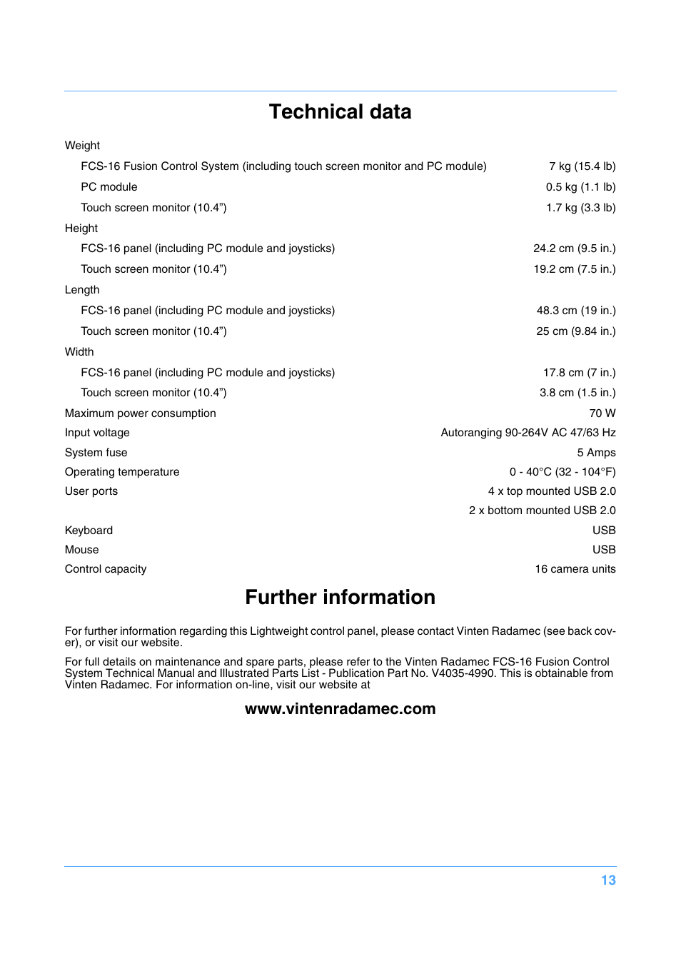 Technical data, Further information | Vinten Radamec Fusion FCS-16 User Manual | Page 15 / 40