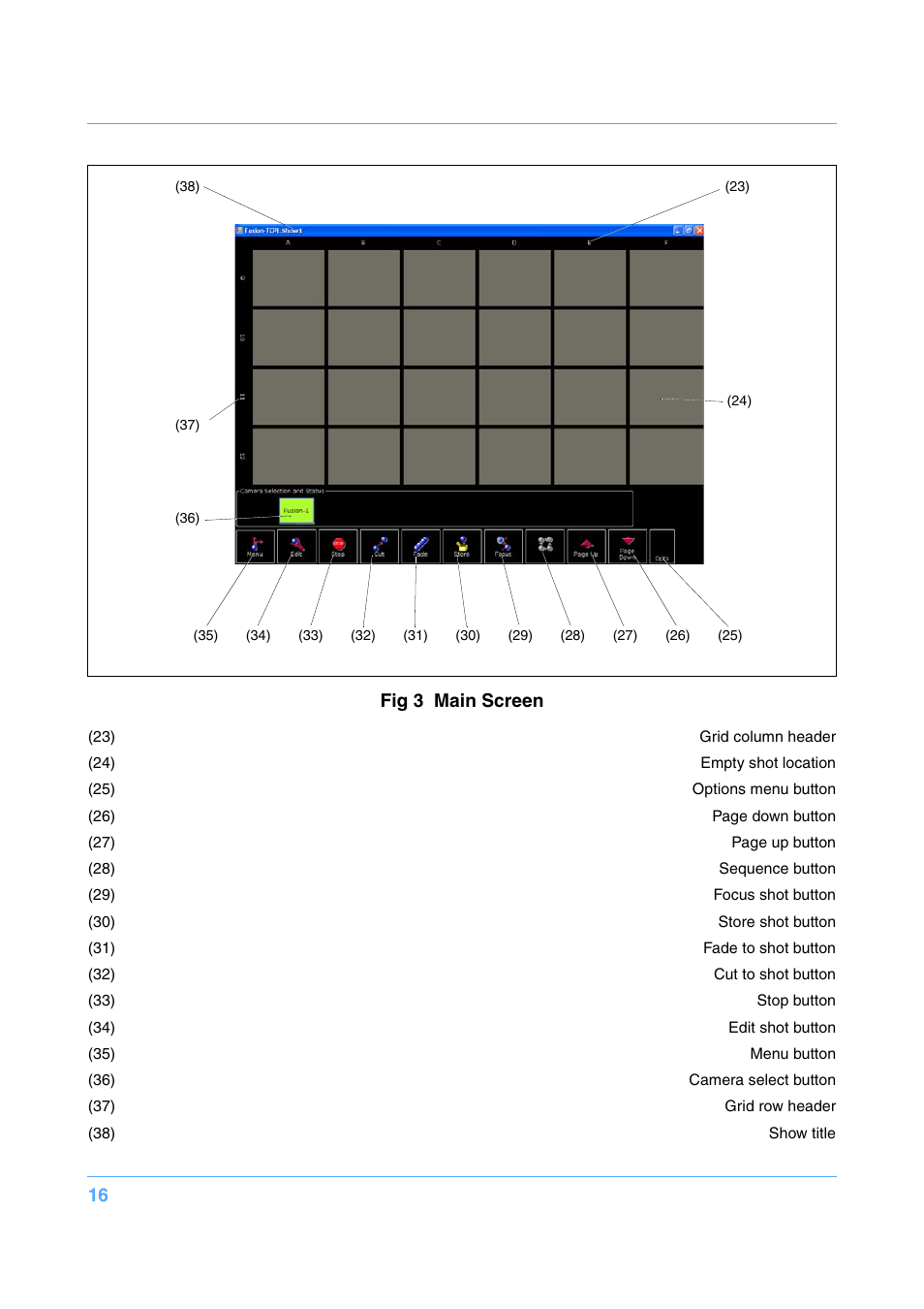 Fig 3 main screen | Vinten Radamec Fusion FCS-16 User Manual | Page 18 / 40