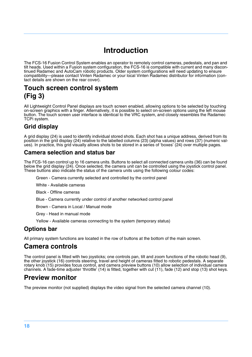 Introduction, Touch screen control system (fig 3), Camera controls | Preview monitor, Grid display, Camera selection and status bar, Options bar | Vinten Radamec Fusion FCS-16 User Manual | Page 20 / 40