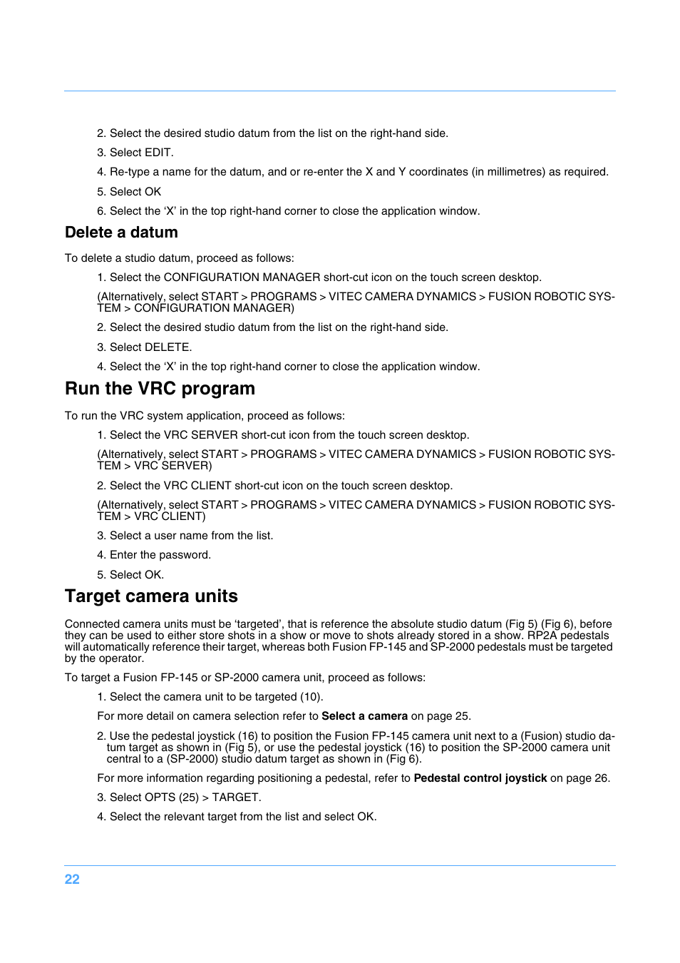 Run the vrc program, Target camera units, Delete a datum | Vinten Radamec Fusion FCS-16 User Manual | Page 24 / 40