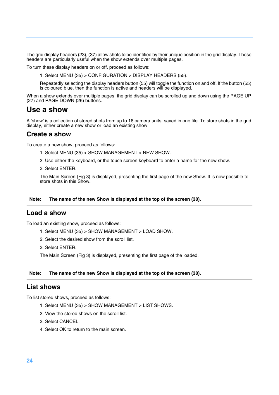 Use a show, Create a show, Load a show | List shows | Vinten Radamec Fusion FCS-16 User Manual | Page 26 / 40