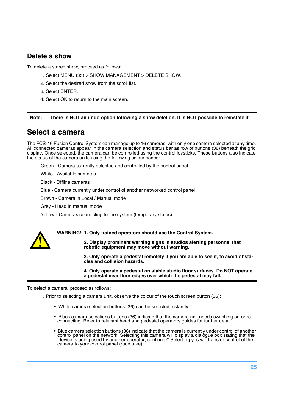 Select a camera, Delete a show | Vinten Radamec Fusion FCS-16 User Manual | Page 27 / 40