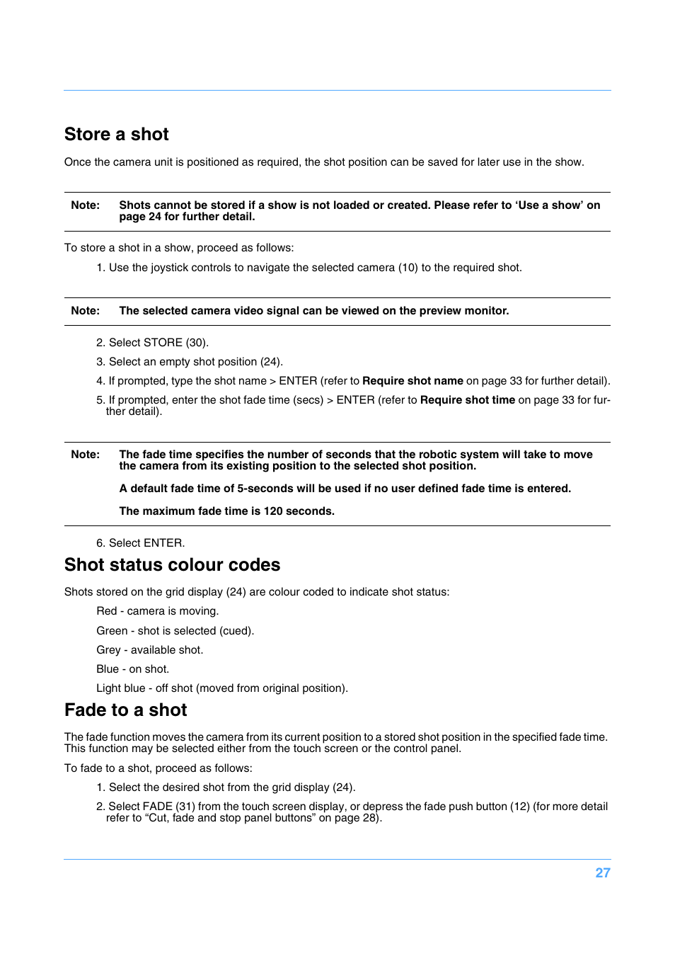 Store a shot, Shot status colour codes, Fade to a shot | Vinten Radamec Fusion FCS-16 User Manual | Page 29 / 40