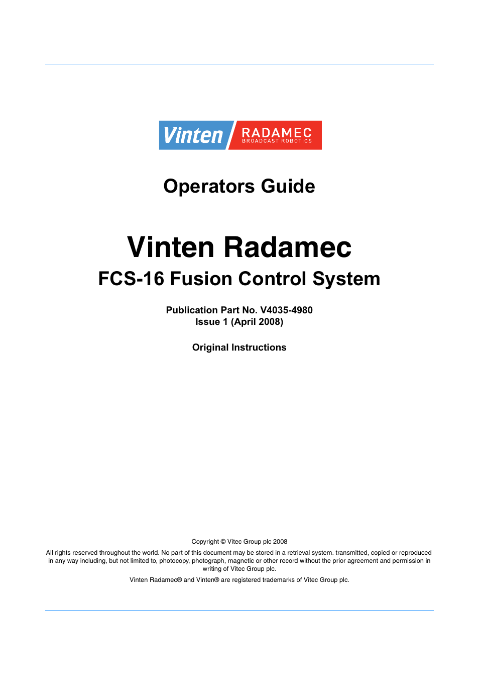 Vinten radamec, Operators guide, Fcs-16 fusion control system | Vinten Radamec Fusion FCS-16 User Manual | Page 3 / 40